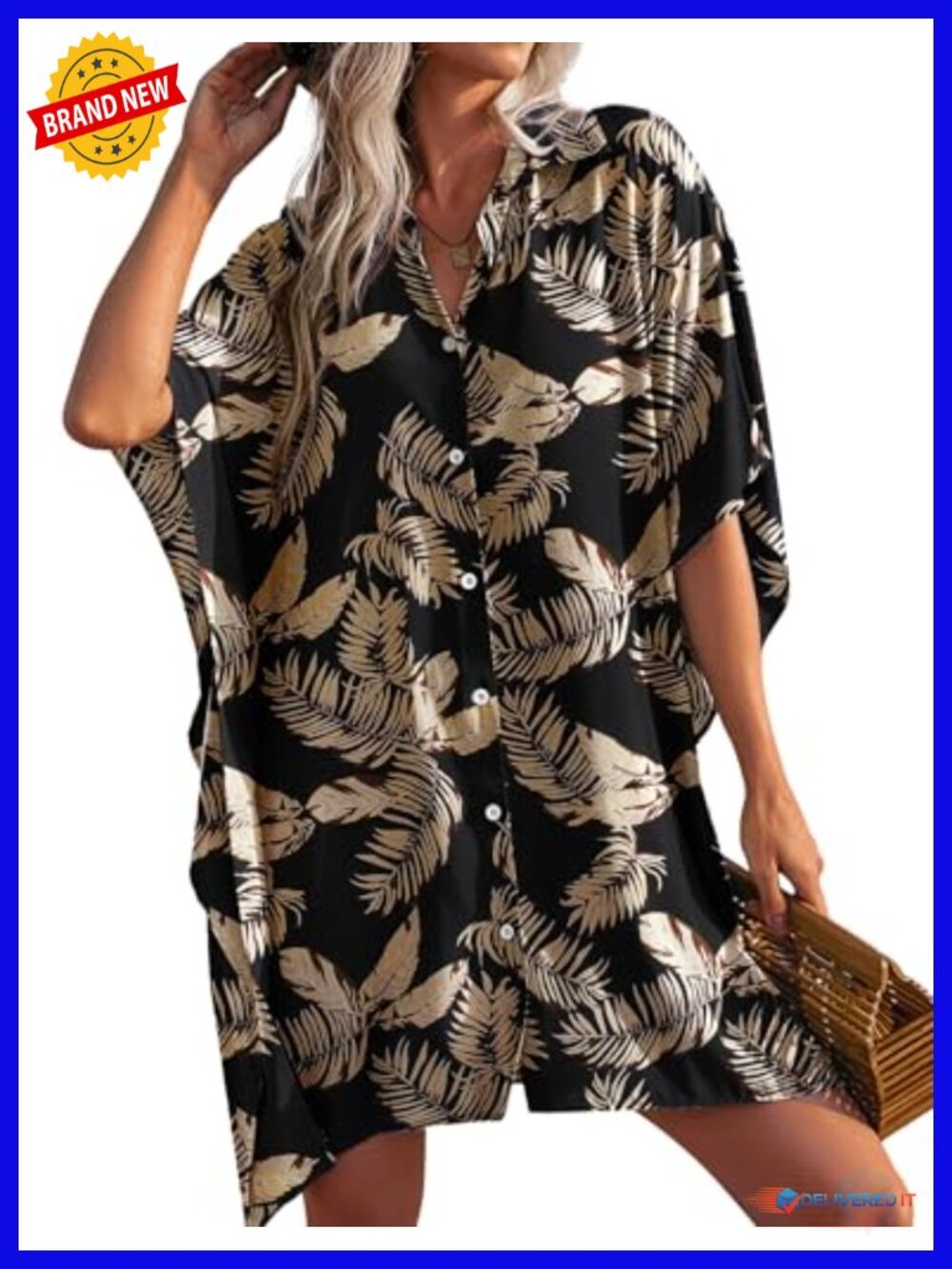 3/4 Sleeve Button Down Cover Up Loose Fit Swimsuit Beachwear - Picture 1 of 6